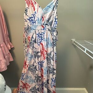 LOFT Abstract Patterned Maxi Dress in Red, Blue, and White
